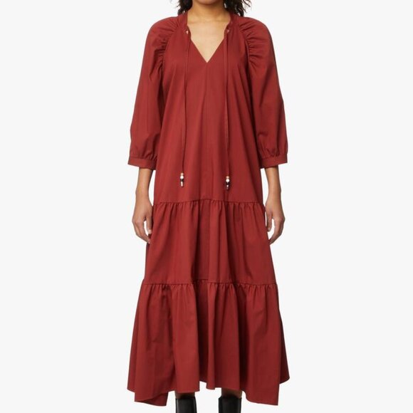 BOSS by Hugo Boss Depera Poplin Tiered Midi-Maxi Dress in Burnt Sienna - Fall! 4 - Picture 12 of 16
